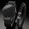 Модные мужские кварцевые часы с сетчатым ремешком и браслетом-цепочкой с бусинами Черные