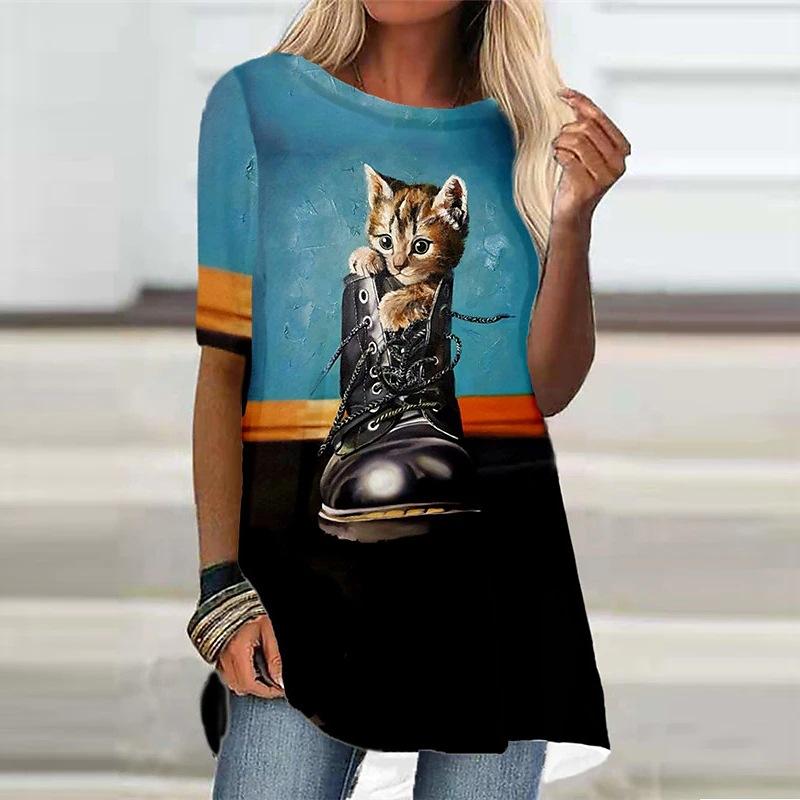 Летние футболки с 3D-принтом «Кошки и животные», женская уличная одежда, повседневная футболка с коротким рукавом, свободные топы Y2K, туники, футболки, женская одежда