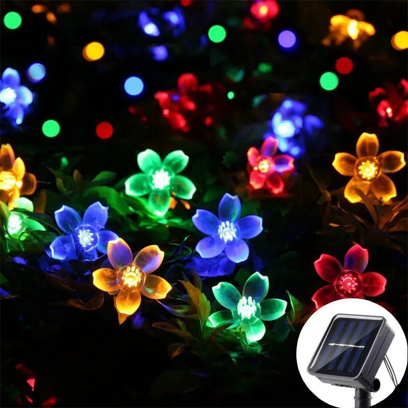 Solar Cherry String Lights Outdoor Sakura Garlands Peach Flower LED Night Lamp for Wedding Party Tree Garden Parterre Decoration
