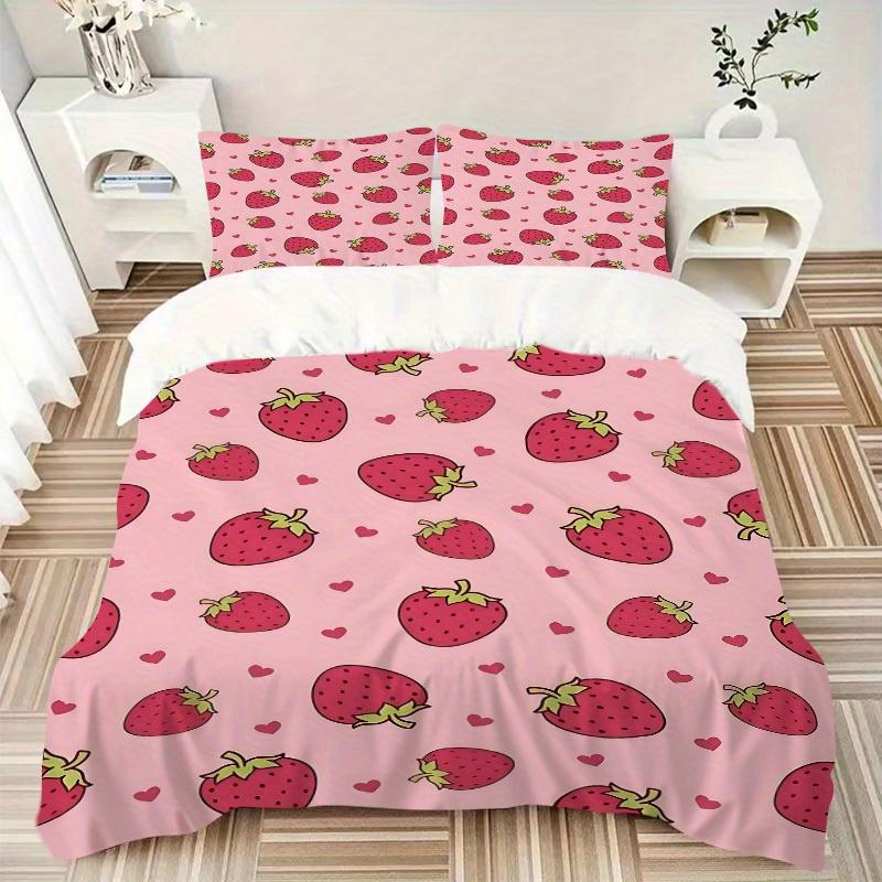 3pcs Strawberry Hearts print bedding quilt cover, soft and comfortable quilt cover suitable for bedroom and guest room200