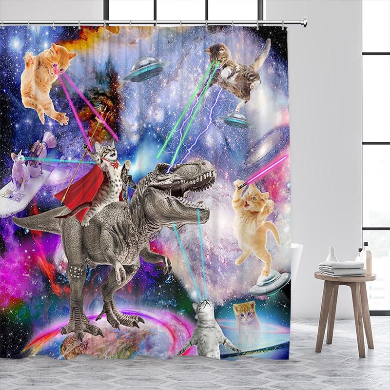 Funny Cat Riding Dinosaur Shower Curtain Cute Animal Surfboard Sea Waves Japanese Landscape Kids Bath Curtains Bathroom Decor