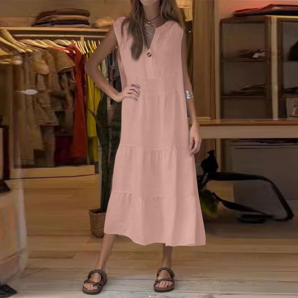 Женская мода без рукавов плиссированное хлопковое льняное платье-жилет на пуговицах