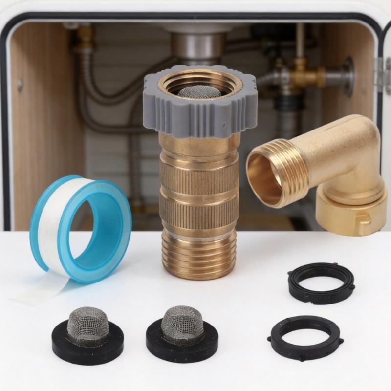 Brass Motorhome Water Pressure Regulator Kit with 3/4 Garden Hose Thread, 90 Degree Elbow Adapter, Seal Tape and Washer Accessories