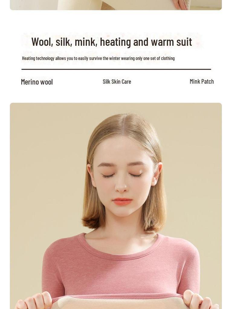 Men's and Women's Wool Silk Thermal Underwear Set with Mink Velvet Knee Pads - Warm Autumn Bottoming Shirt and Trousers