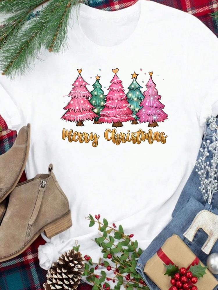 (Asian Size) Star Trend Cute New Year Festival Women Print Holiday Tee Top Merry Christmas Casual Lady Short Sleeve Fashion Graphic T-shirts