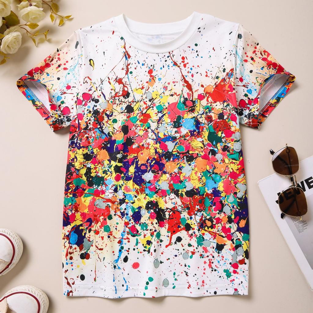 Детская одежда Футболка для девочек с коротким рукавом 3D Tie-Dye Print Детская летняя одежда Повседневная детская одежда с круглым вырезом и рисунком из мультфильмов Топы