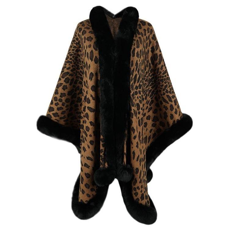 Women Autumn Winter Loose V-Neck Bat Sleeve Cardigan Leopard Knitwear Sweater Cross Border Cloak