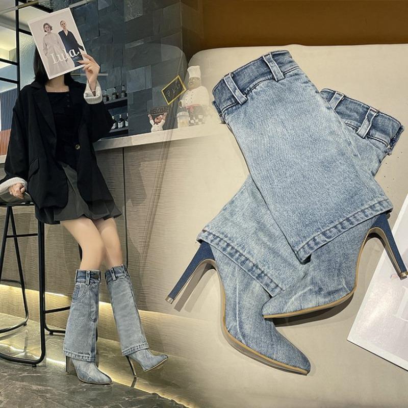 Мода 2025 Новые джинсовые женские сапоги до колена Зимние туфли на высоком каблуке Вестерн Ковбойский Острый носок Женские готические ботинки Стилет Сексуальная мода Zapatos