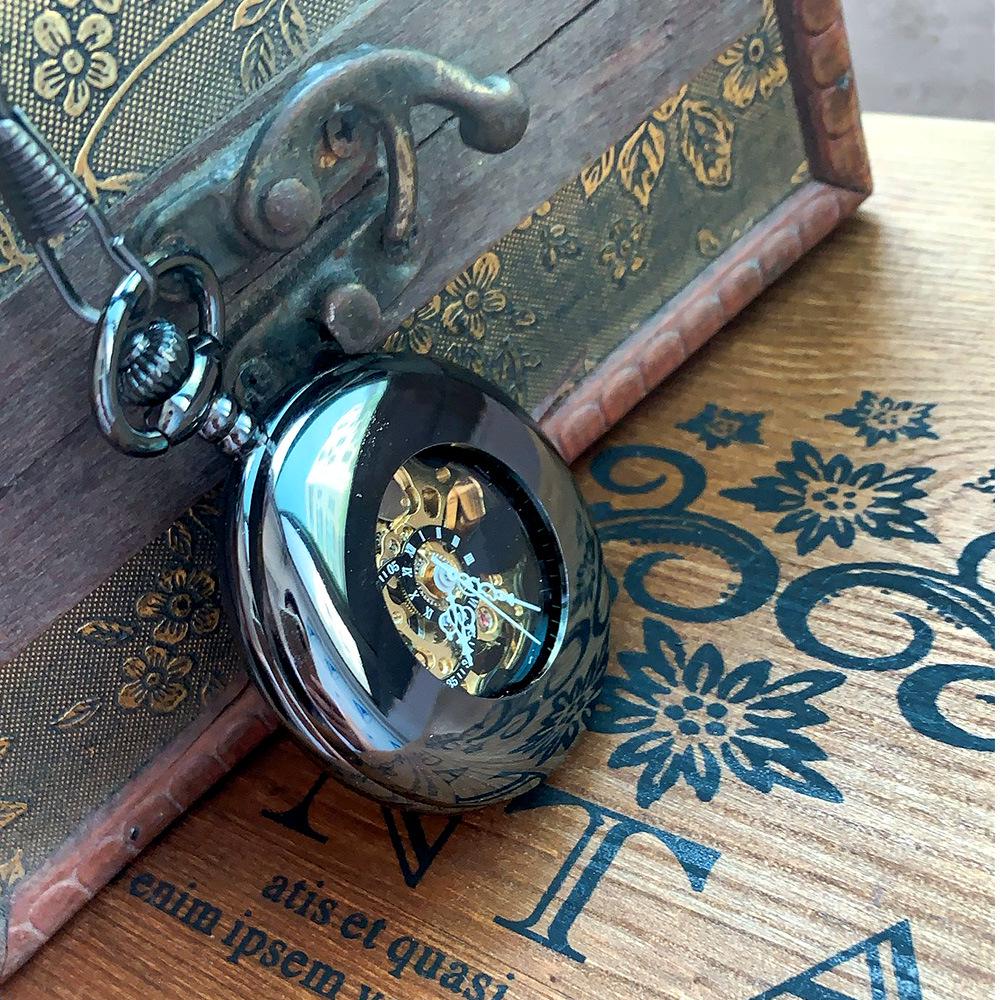 Nostalgic Black Double-Sided Mechanical Pocket Watch with Roman Numerals and Coarse Chain