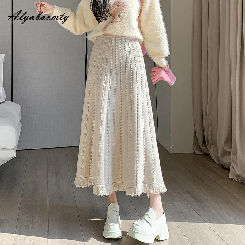 Корейская мода, осенне-зимняя женская юбка-миди с высокой талией, серая, черная, абрикосовая, кофейная, толстая теплая юбка, элегантная женская юбка с кисточками, женские юбки