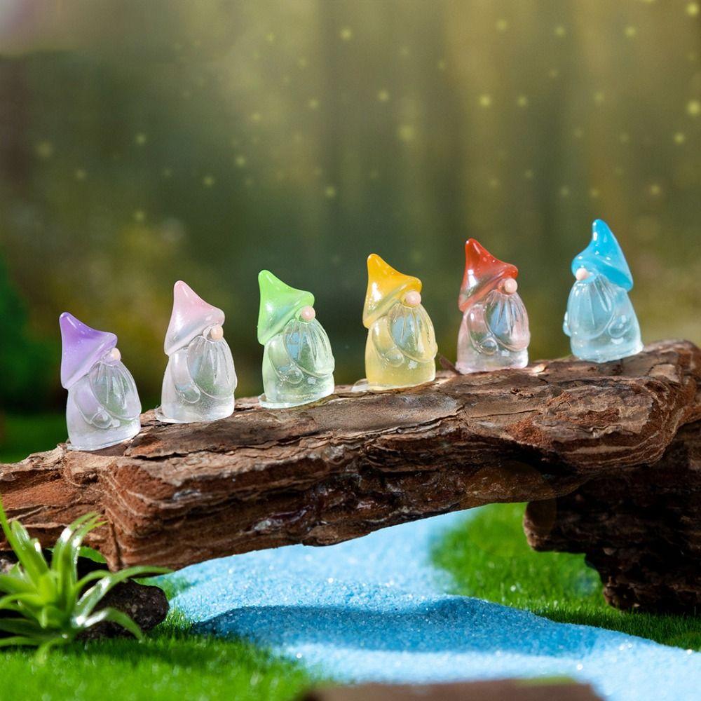 6pcs Tiny Mini Resin Gnomes Luminous Effect Fairy Garden Statues Miniature Decor Landscape Decor