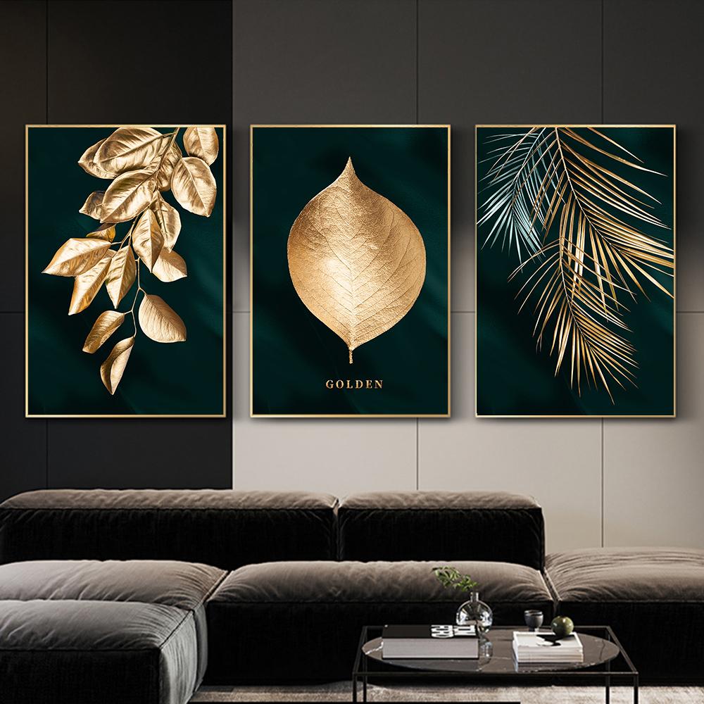 3 Pieces Gold Leaves Fashion Wall Canvas Painting Flower Classic Plant Design Gold Pop Posters and Prints for Living Room Bedroom Home Pictures Decor