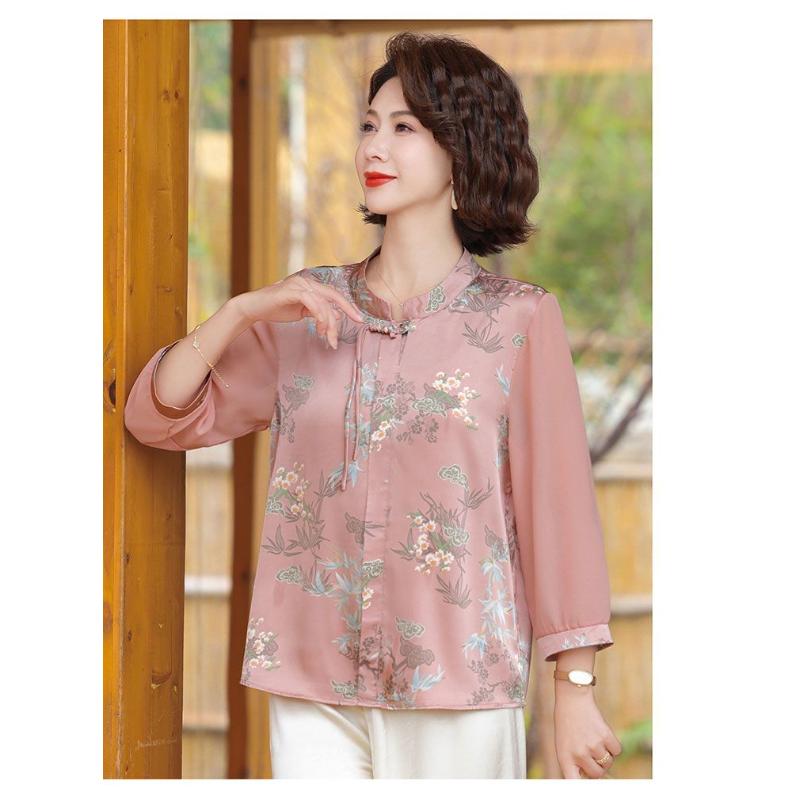 Женская элегантная блузка в китайском стиле с воротником-стойкой, шифоновая, с цветочным принтом, с коротким рукавом