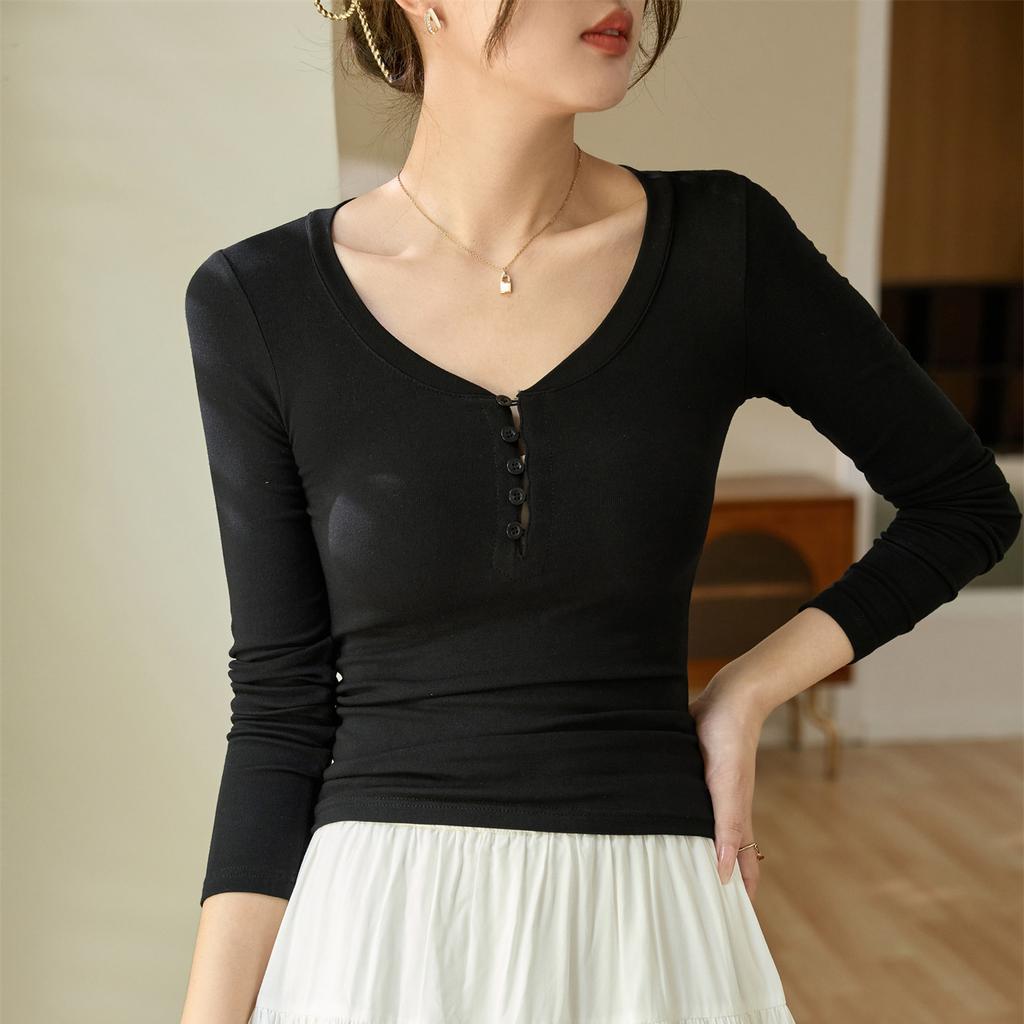 Chic Button Design T-shirt Women Fall New Slim Spice Sexy Long Sleeve Top