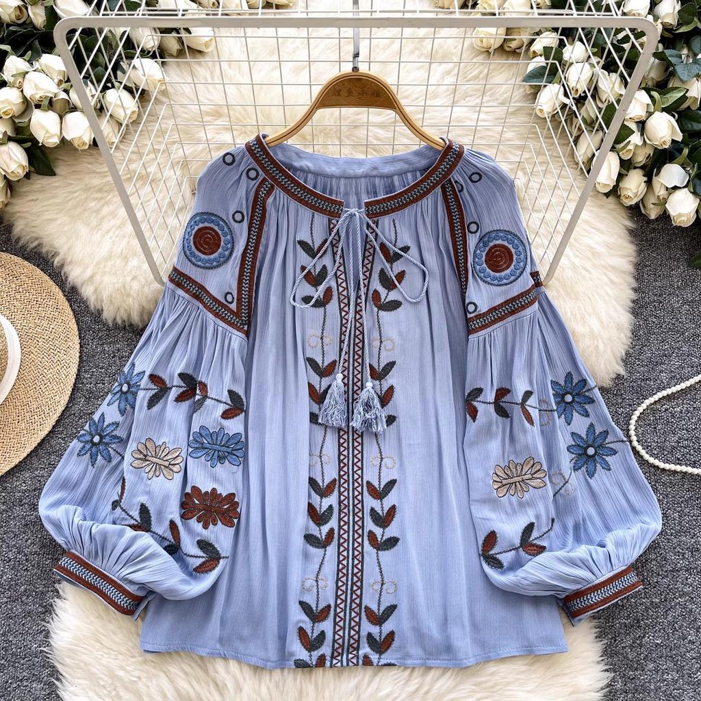 Women's Three Quarter Sleeve Round Neck Loose Embroidered Cotton Linen Pullover Shirt Casual Top