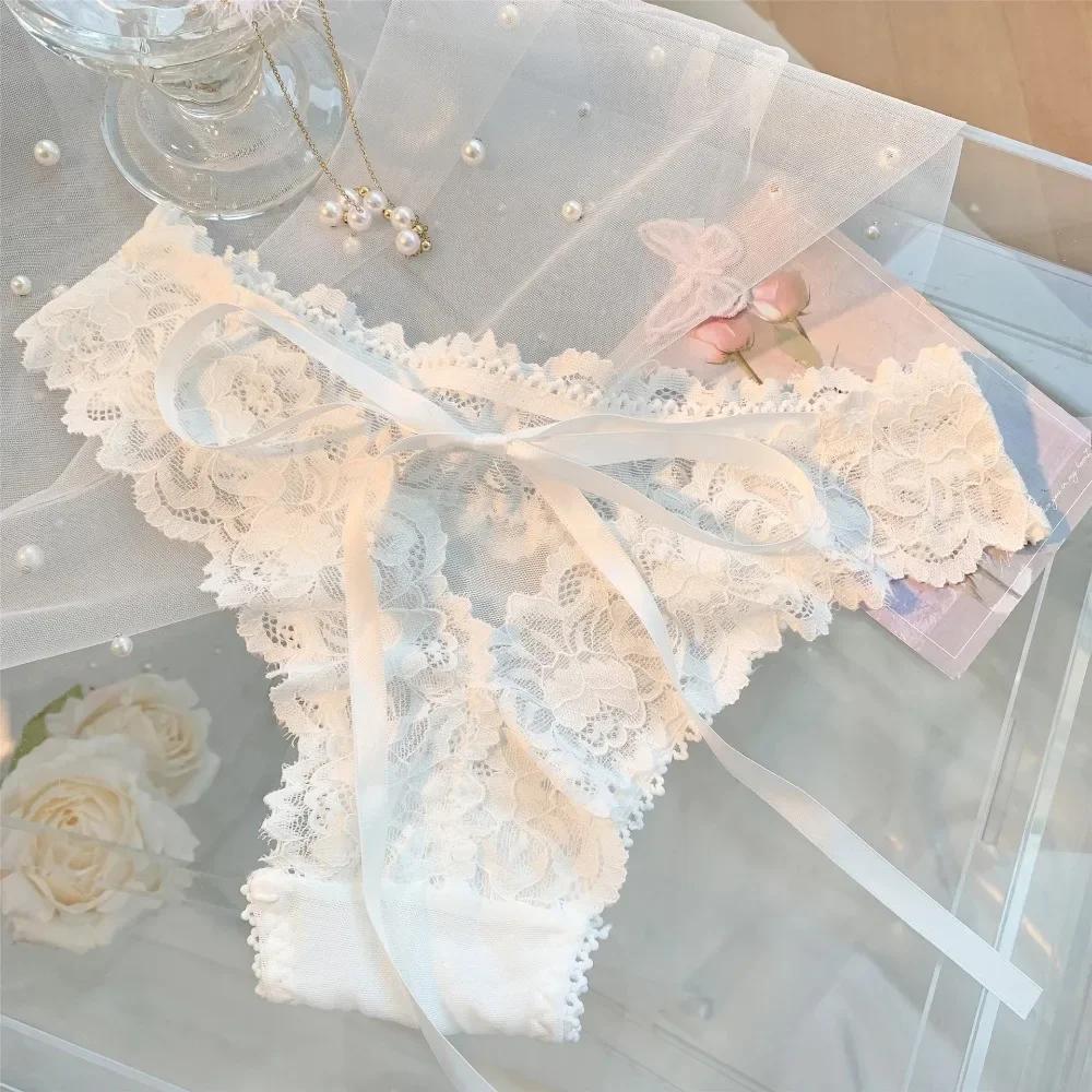 Women's Sexy Low-Waist Lace Underwear Ribbon Strap Lace Bow White Hollow Out Briefs Thin Cotton Crotch Summer Underpants