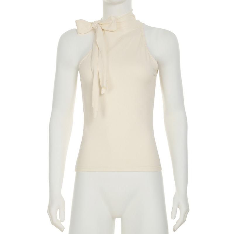 Однотонный бант халтер женский без рукавов облегающий майка уличный стиль мода простой дизайн