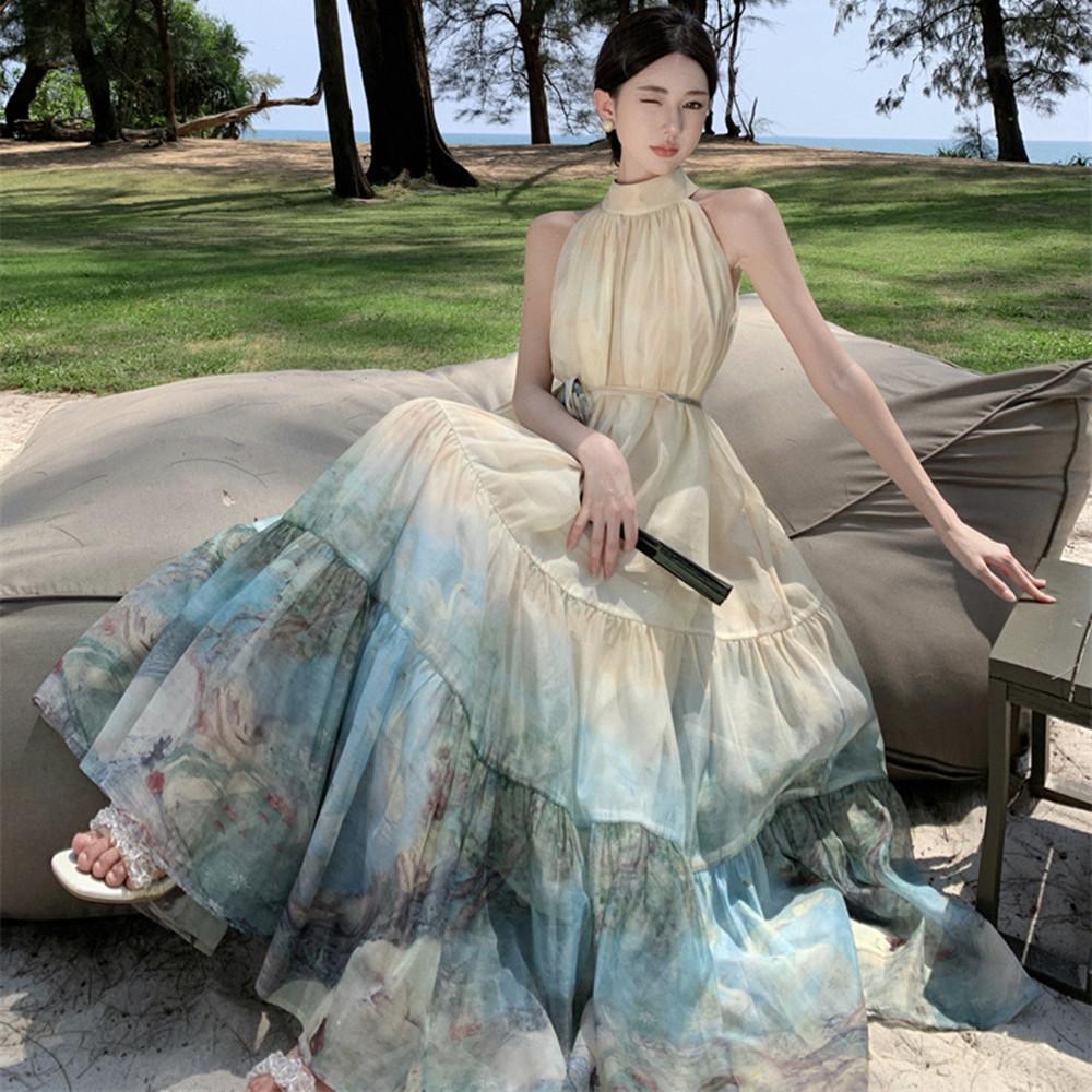 Summer Holiday Ink Printing Loose Halter Dress Women's Sleeveless Organza Beach Party Off Shoulder Lace-up Oversize Robe Femme