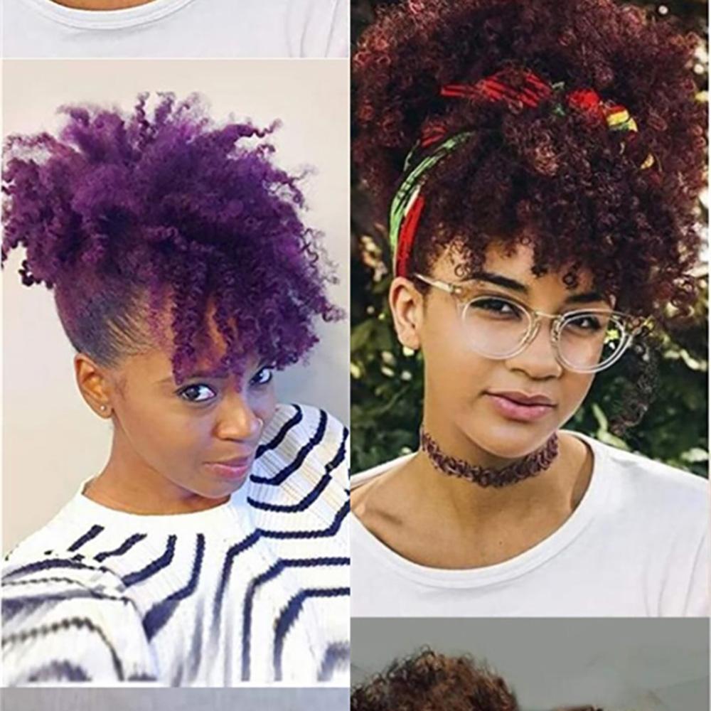Afro Puff Hair Bun Chignon Drawstring Ponytail with Bangs, Black Kinky Curly Ponytail Bun with Bangs Updo Hairpiece For Women
