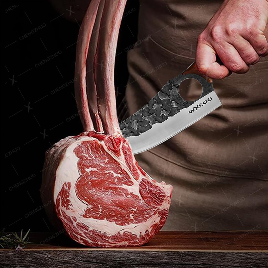 Профессиональный нож для мяса Кованый нож для разделки Нержавеющая сталь Топор Кухонный нож шеф-повара Ножи для мяса, рыбы, фруктов с чехлом