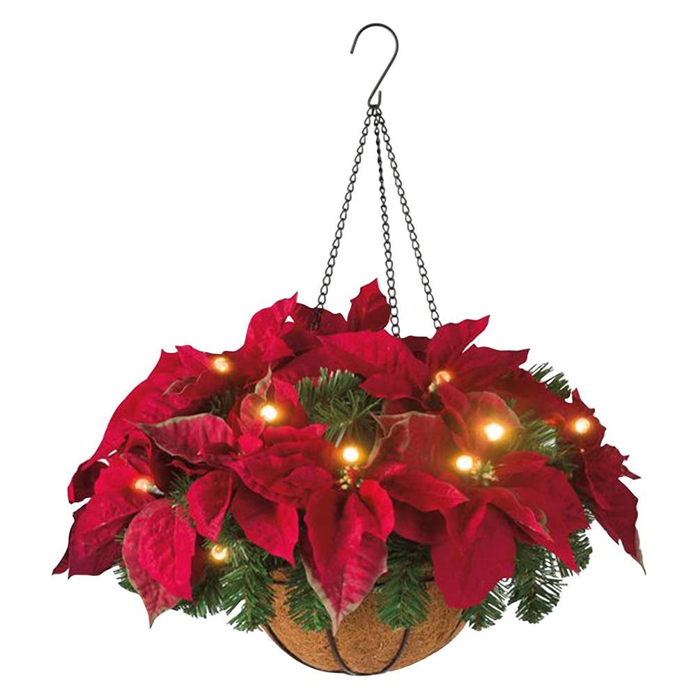 Pre Lit Christmas Hanging Basket Flocked with Mixed Decorations and LED Lights Artificial Frosted