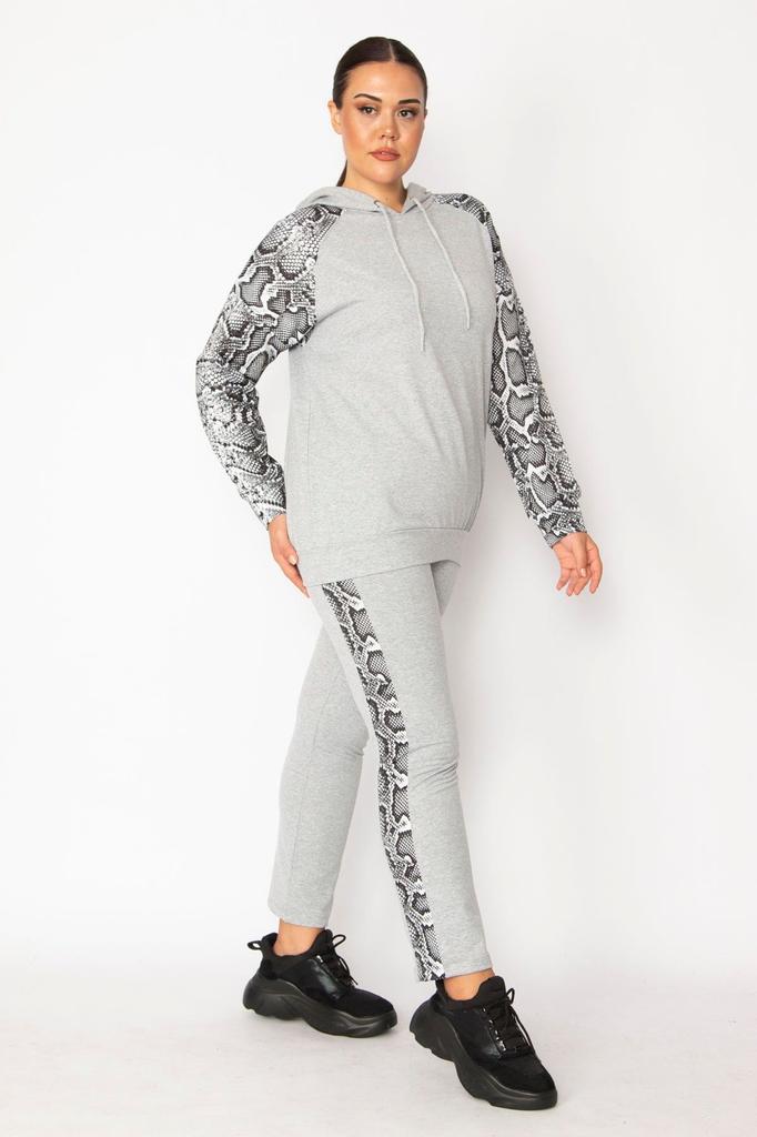 Женский стильный комплект больших размеров под верхом, серый комплект брюк с капюшоном и подробным свитером Garni большого размера