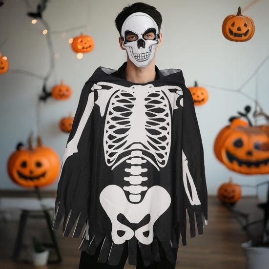 Halloween Skeleton Poncho Hooded Skeleton Cape Halloween Party Costume Cosplay Outfit for Kids Adults