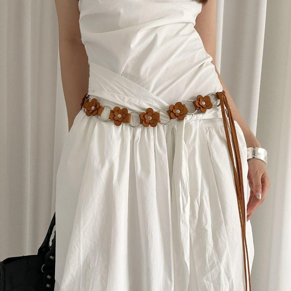 Double Small Flowers PU Leather Belt Adjustable Strap Waist Rope New Waistchain  Women Girls