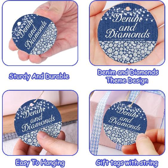 50PCS Denim and Diamonds Bachelorette Thank You Tags Blue Silver Denim and Diamonds Decor New Jeans Bridal Shower Decor Jewelry Birthday Gift Tags