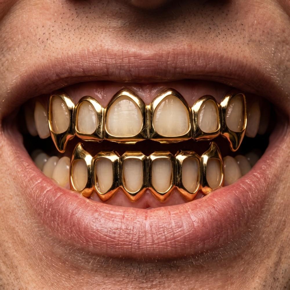 Eco-friendly Copper Hollow Teeth Grillz Top Bottom Set Glossy Finish Teeth Jewelry Party