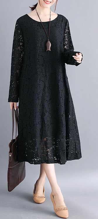 Hanmall Black Lace Long 7 Plus Loose Perfect for and Round Long Flare Fashion Dress, Sleeve, Colors, Women's, Sizes, Figure-Flattering, Casual, Fit,