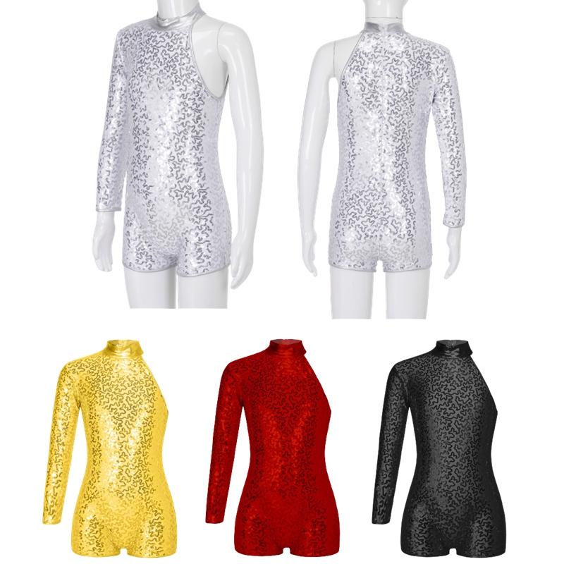 Kids Girls Single Long Sleeve Gymnastics Leotard Sequins Ballet Dance Unitards Short Jumpsuit