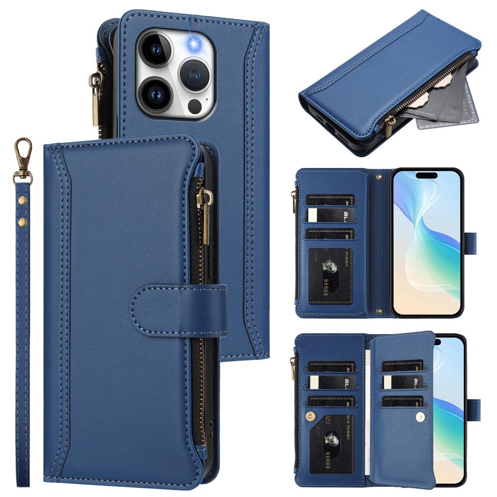 For iPhone 15 Pro Leather Case 9 Card Slots Zipper Wallet Stand Phone Cover with Wrist Strap