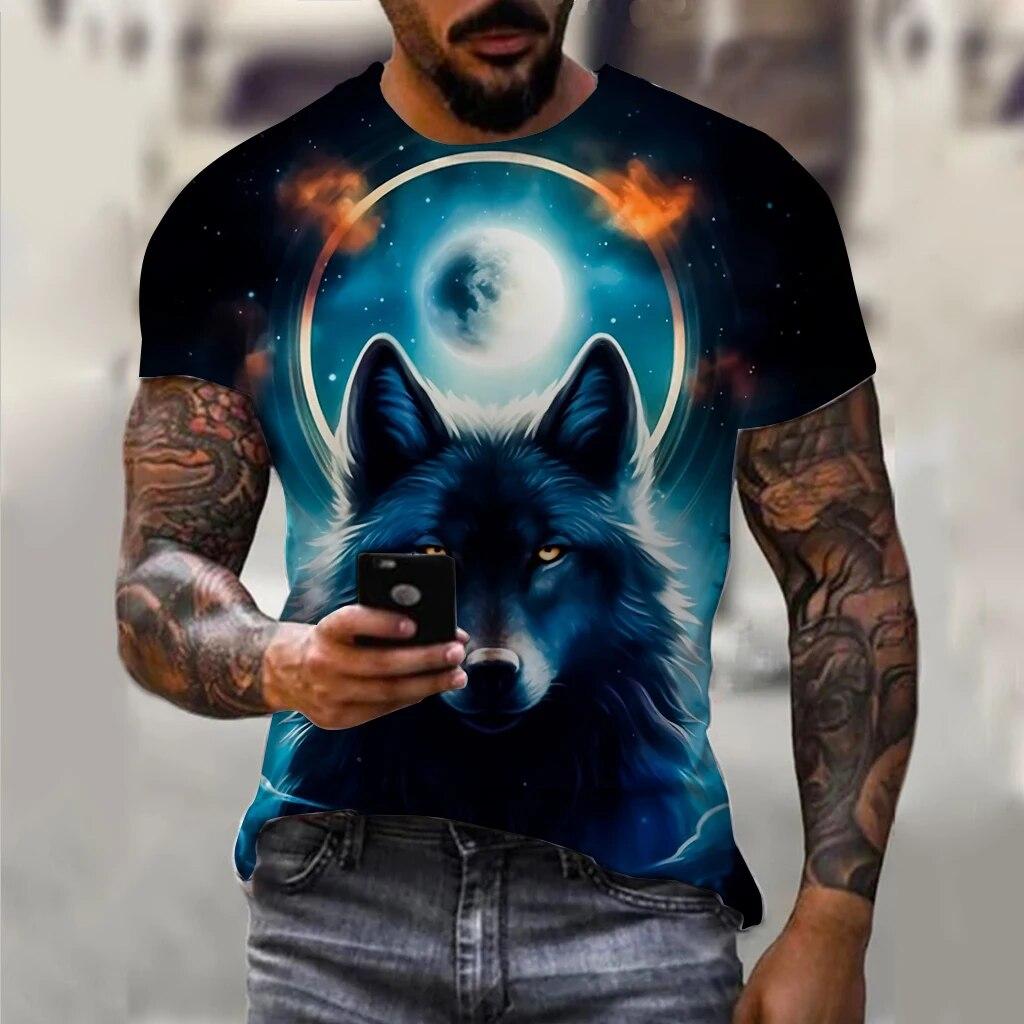 Винтажные футболки для мужчин, топы с 3d принтом «Лунный свет и волк», футболка большого размера с короткими рукавами, футболки в стиле хип-хоп с круглым вырезом, мужская одежда Camiseta