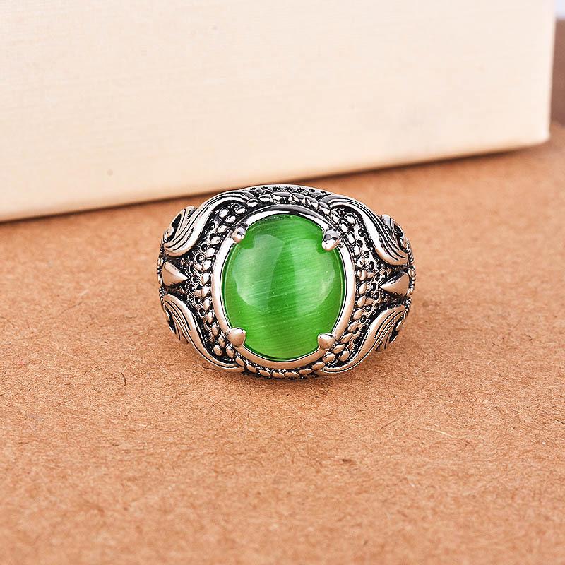 Zhenrong Retro Moonstone and Cat's Eye Stone Silver Ring