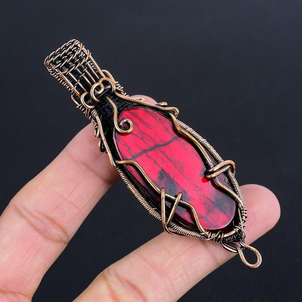 Red Flash Labradorite Pendant, 999 Copper Wire Wrapped Jewelry, Gemstone Jewelry Pendant, Handmade Wedding Gift Jewelry