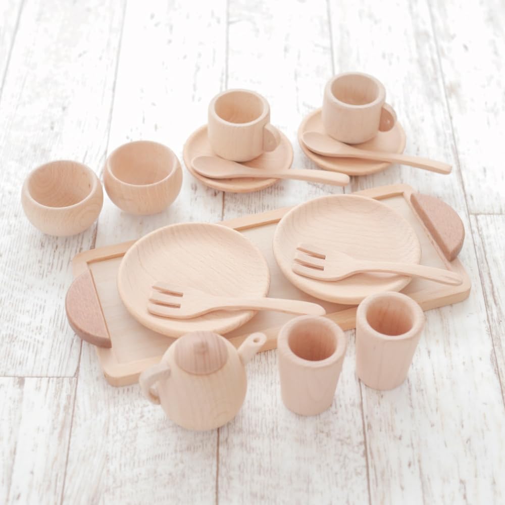 Daiwa Wooden Toy Mini Play Kitchen Set Includes a cupboard and All dishes can be stored Perfect for pretend as a gift for Christmas or (Brown) -