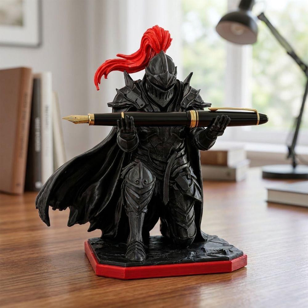 Plastic Kneeling Knight Pen Holder Statue 3D Printed Dark Knight Desktop Pen Holder Home Office