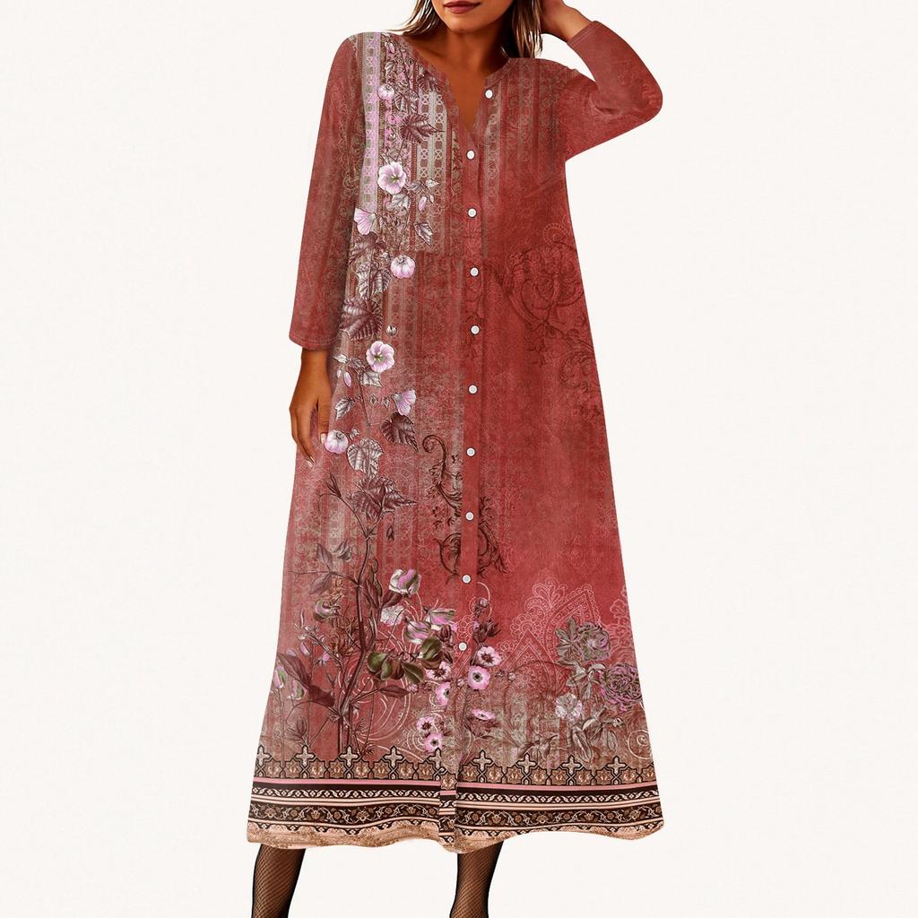 Women's Fashionable Printed Round Neck Seven Quarter Sleeve Button Loose Shirt Dress