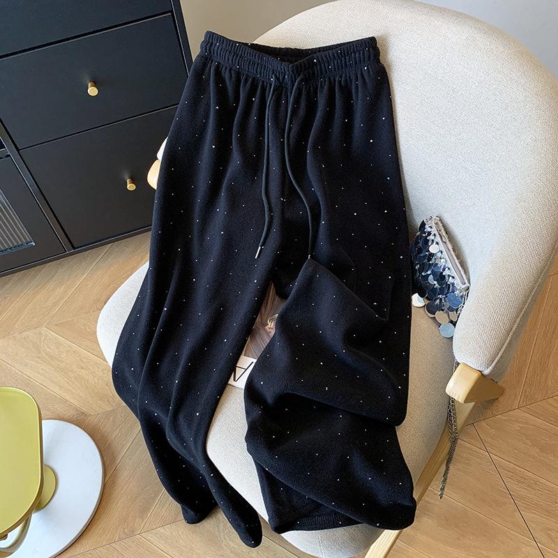 Heavy Rhinestone Velvet Cashmere Wide-Leg Pants - Women's Autumn/Winter Floor-Length Casual Sweatpants