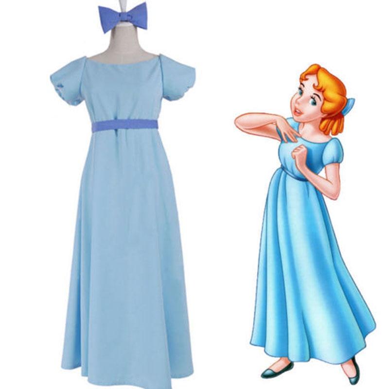 Очаровательное сказочное платье Питера Пэна и Венди Дарлинг синего цвета с бантом и головным убором