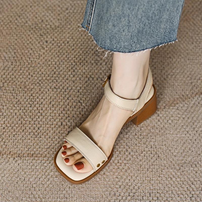 Летние сандалии из овечьей кожи, женская обувь, с квадратным носком, на массивном каблуке, в римском стиле, сандалии из натуральной кожи с открытым носком для женщин, ручная работа