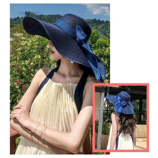 Women Straw Hat Wide Brim Breathable Lightweight Sun Protection Hat with Lace-up Bowknot Decor Sun Hat