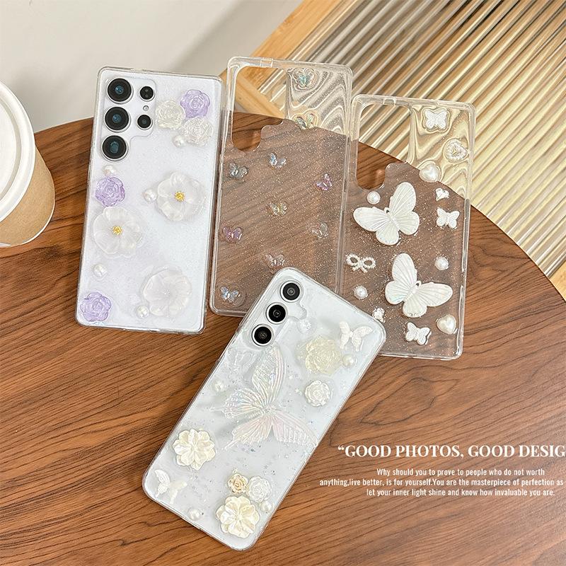 Свежий Ветер Глиттер Чехол Для Мобильного Телефона Подходит Для Samsung S25Ultra Цветок S24 Бабочка A36 Бант Прозрачный A15