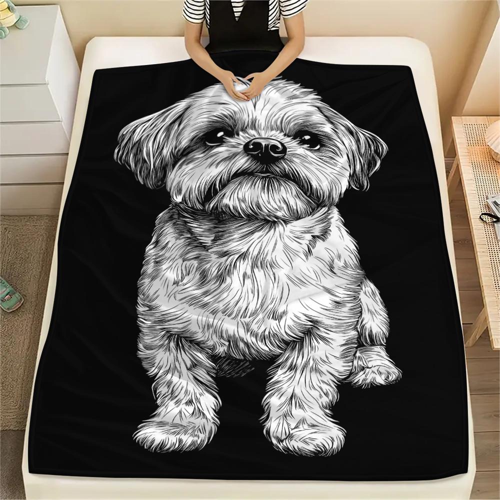 Black white sketch of a puppy Print Flannel Blanket,High quality Comfortable for All Seasons,Home Decor,Warmth and Comfort,Perfect for Christmas Gifts