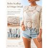 Women's Plain Fringe Trim Cut Out Sheer Cover Up-Boho Scallop Trim 3/4 Sleeve Beach Sarong for Vacation Poolside