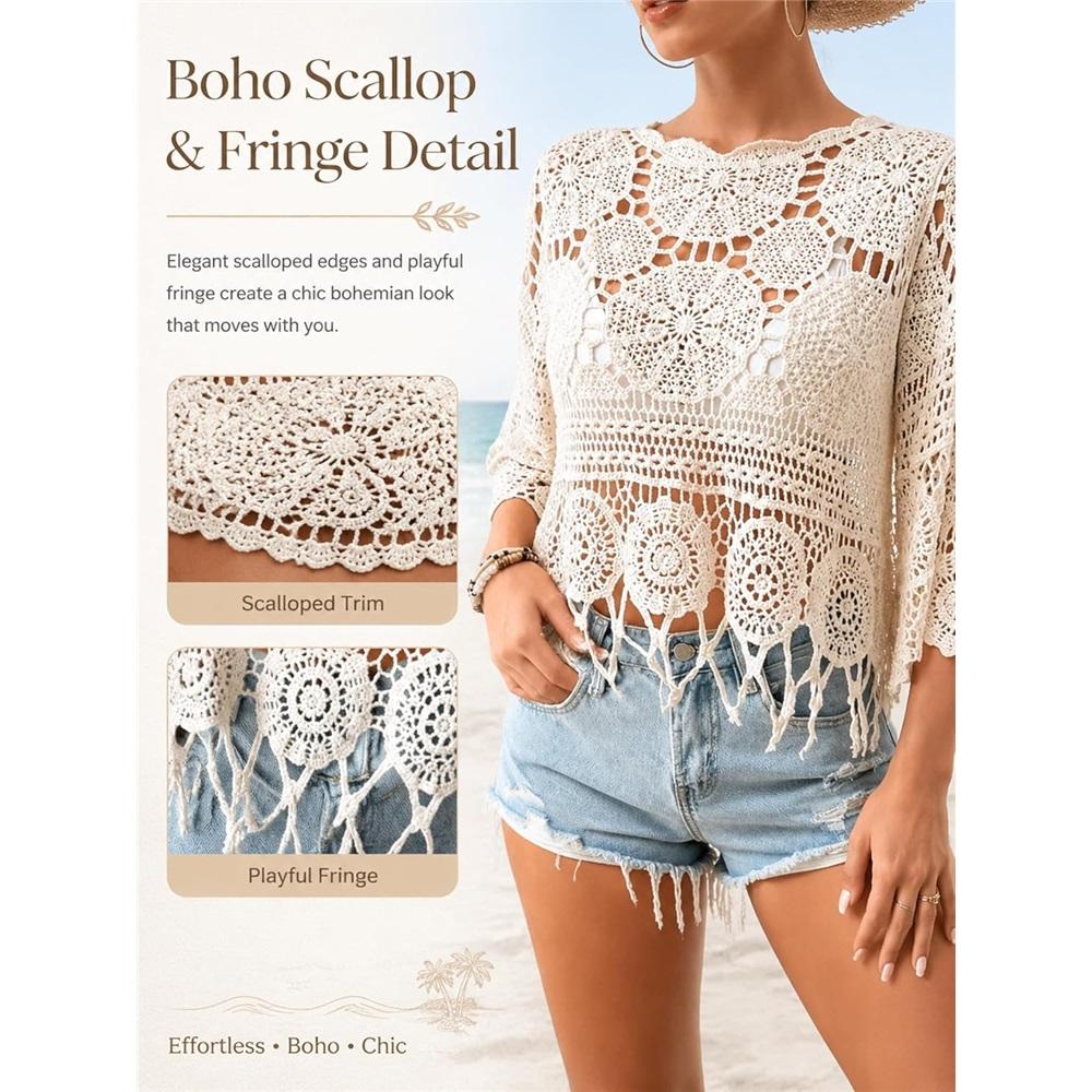 Women's Plain Fringe Trim Cut Out Sheer Cover Up-Boho Scallop Trim 3/4 Sleeve Beach Sarong for Vacation Poolside