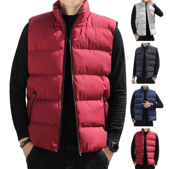 Men Waistcoat Stand Collar Sleeveless Slim Fit Vest Coat with Pockets Solid Color Zipper Closure Windproof Quilted Waistcoat
