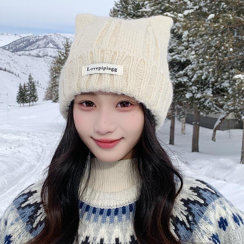 Cat Ear Woolen Hat for Women, Autumn and Winter, Fleece-Lined, Thickened, Warm, Cold-Proof, Ear-Protecting Knit Hat for Large Head Circumferences
