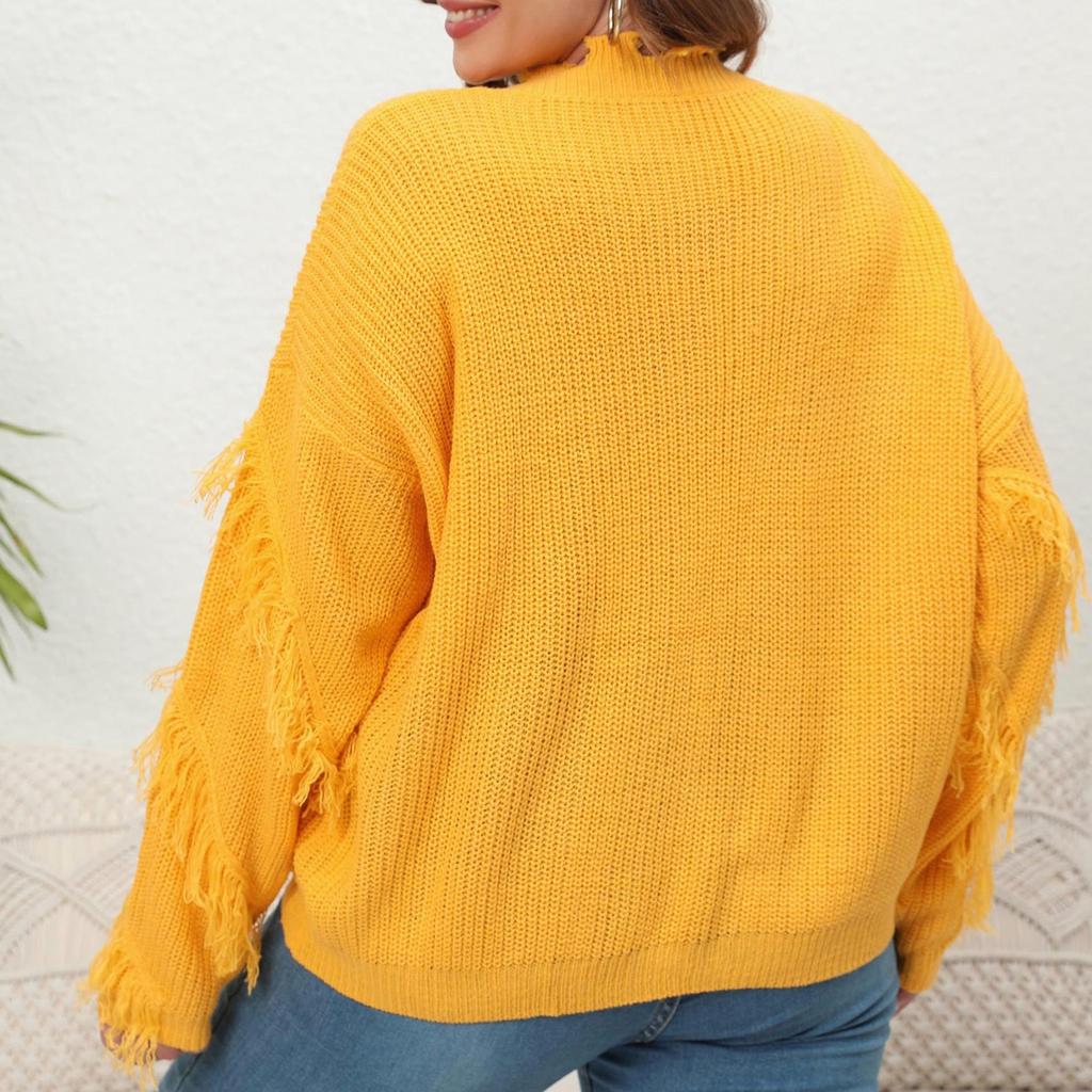 Женский большой размер осень и зима новый V-образный вырез кисточки сращивание пуловер вязаный джемпер